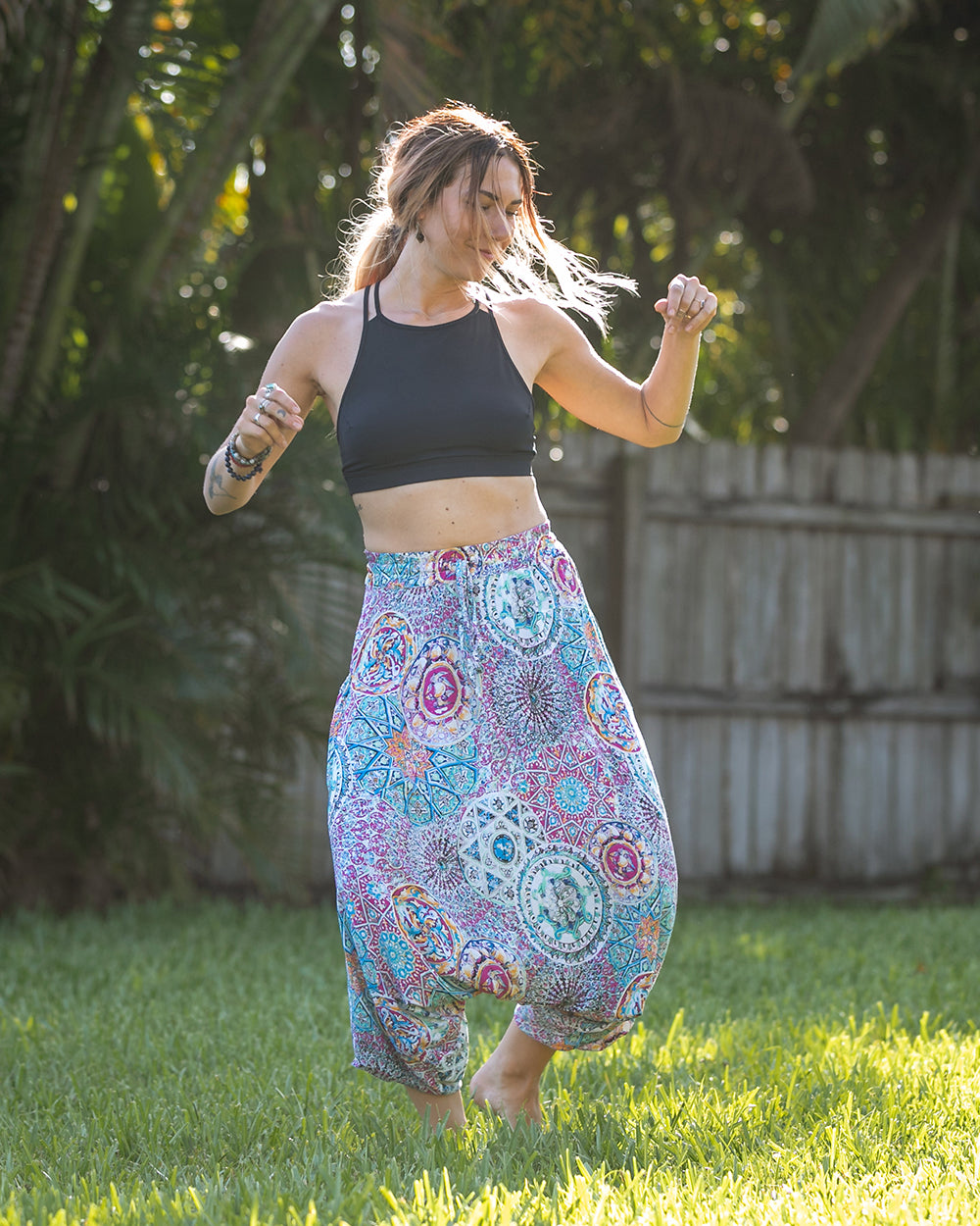 happy woman with happy dance pants #color_purple galactic