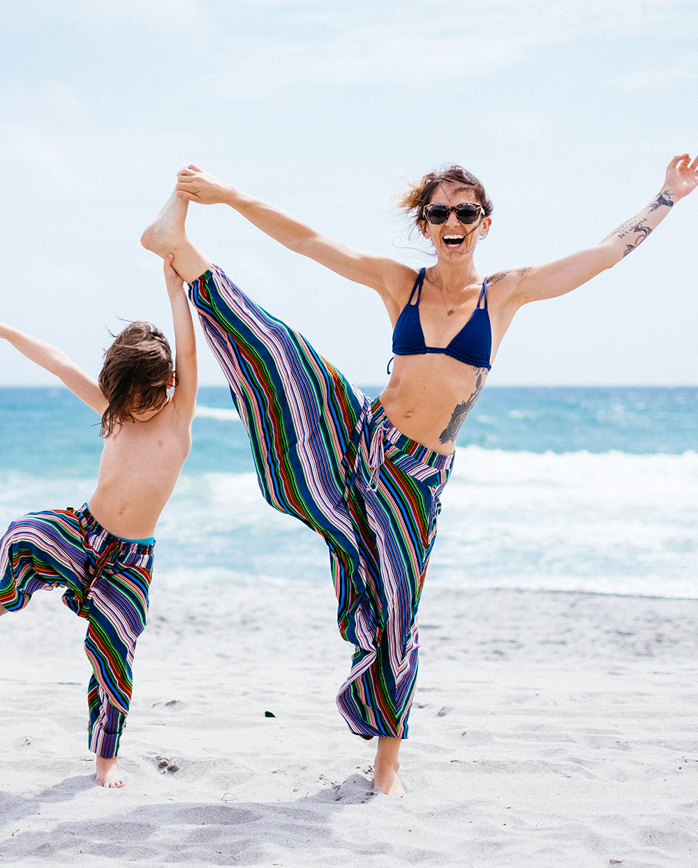 yoga on beach matching pants #color_blue stripes