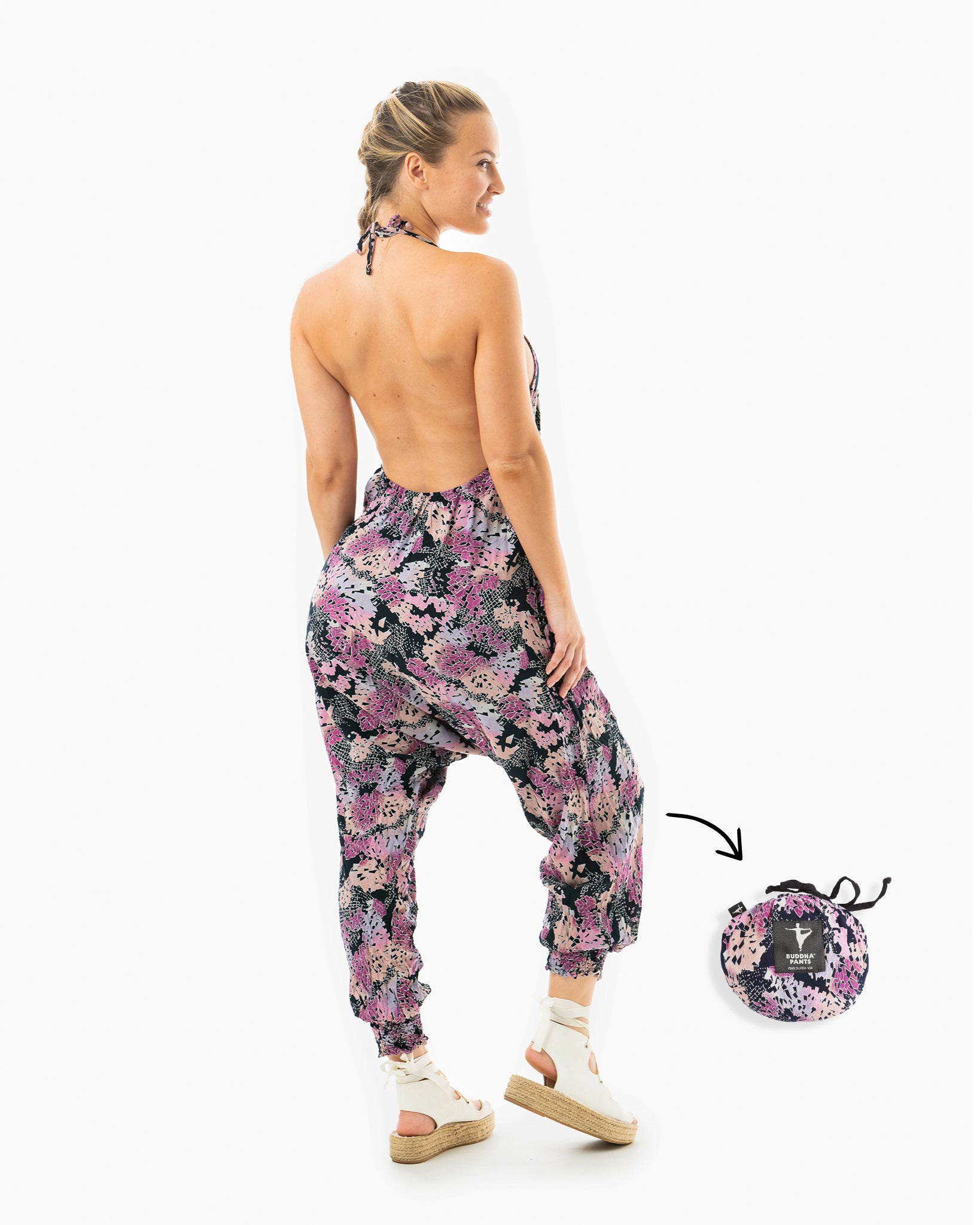 Woman wearing colorful digital rainbow jumpsuit #color_digital rainbow