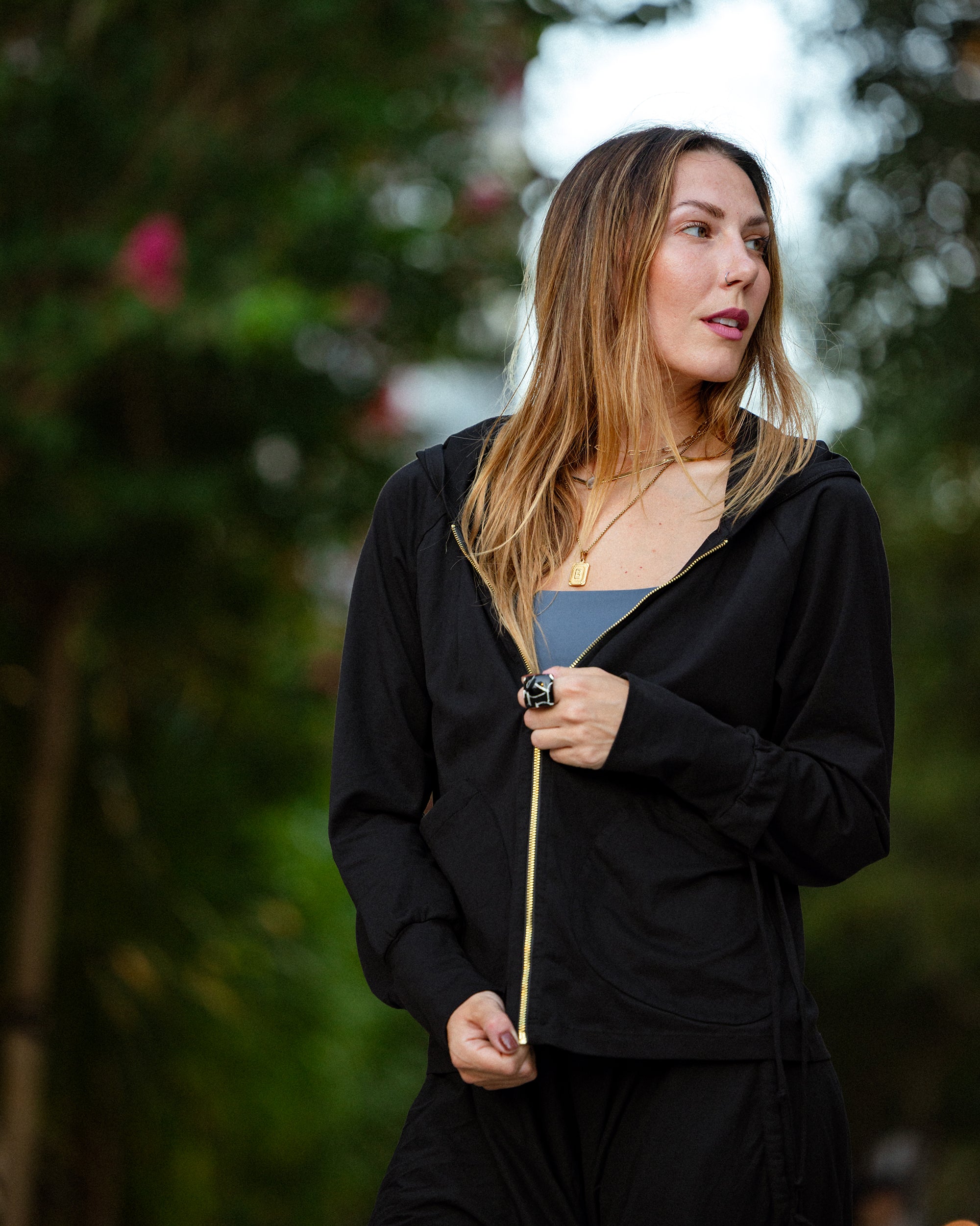 Relaxed harem pants with comfy big hood sweatshirt #color_Black