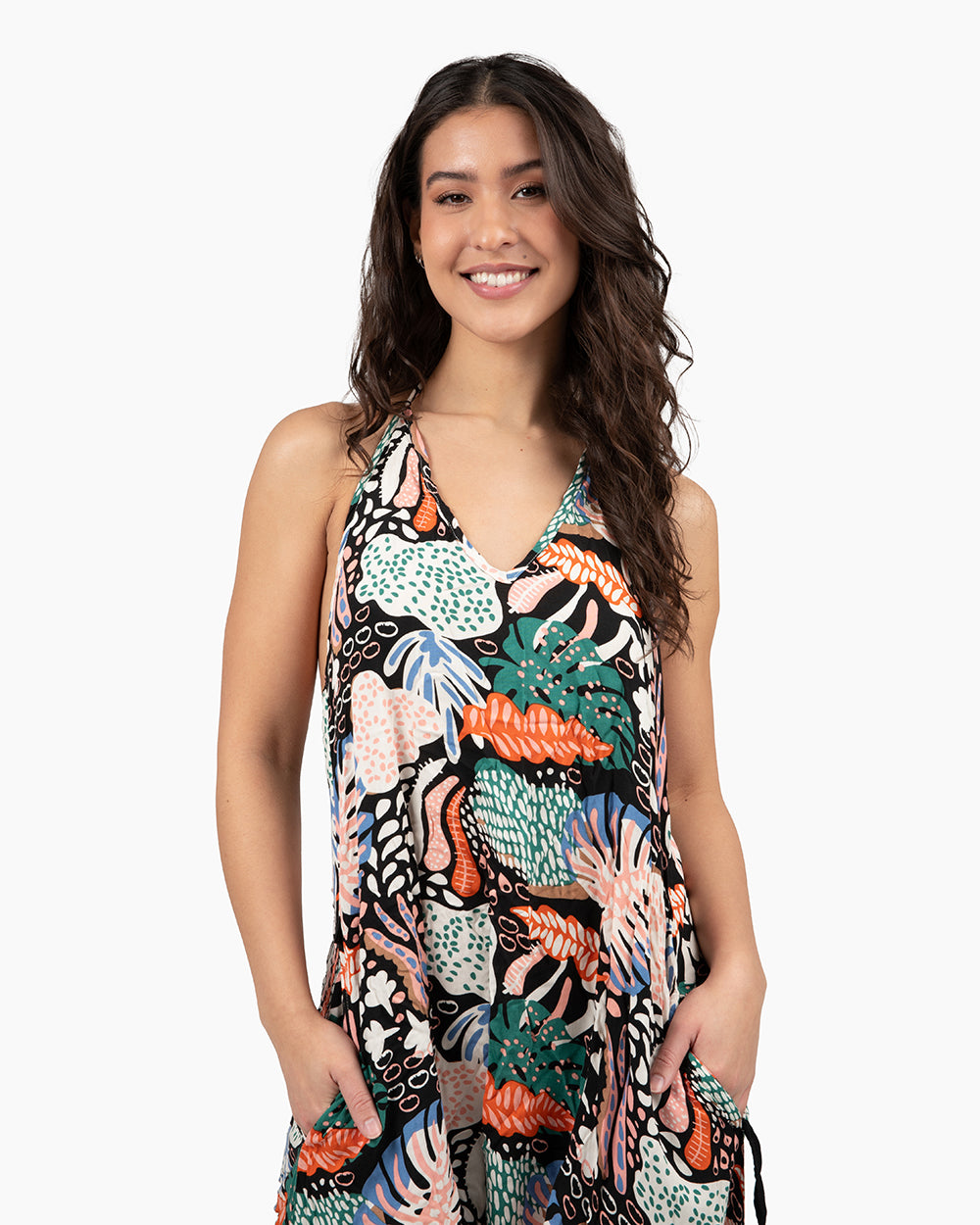 happy model wearing comfy jumpsuit #color_lionfish