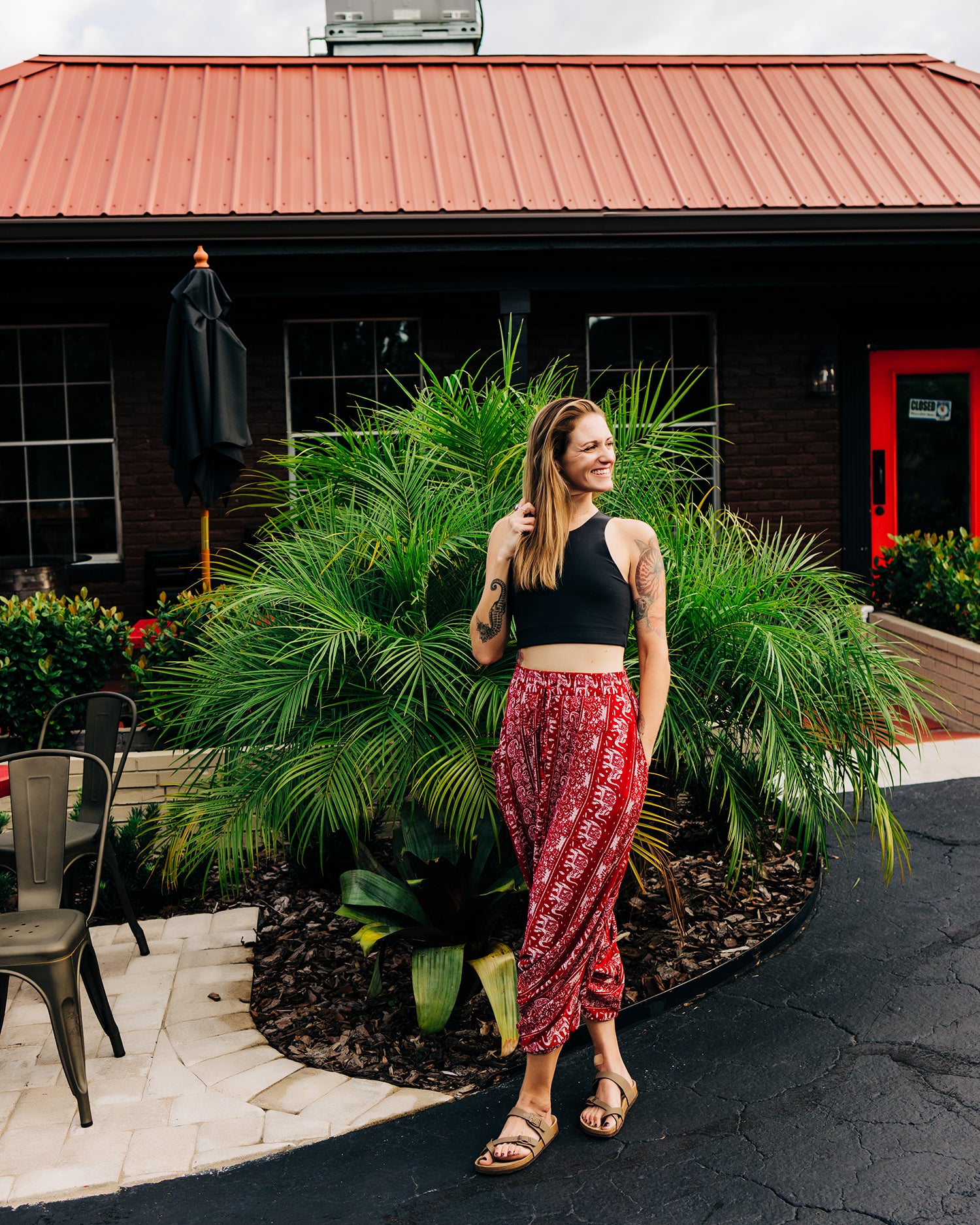 red elephant pants while taking a walk #color_red lotus