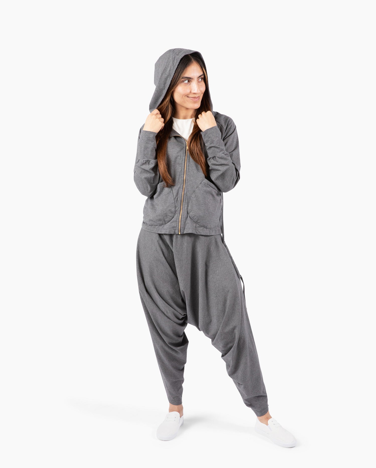 Cozy organic hoodie with harem yoga pants combo #color_grey