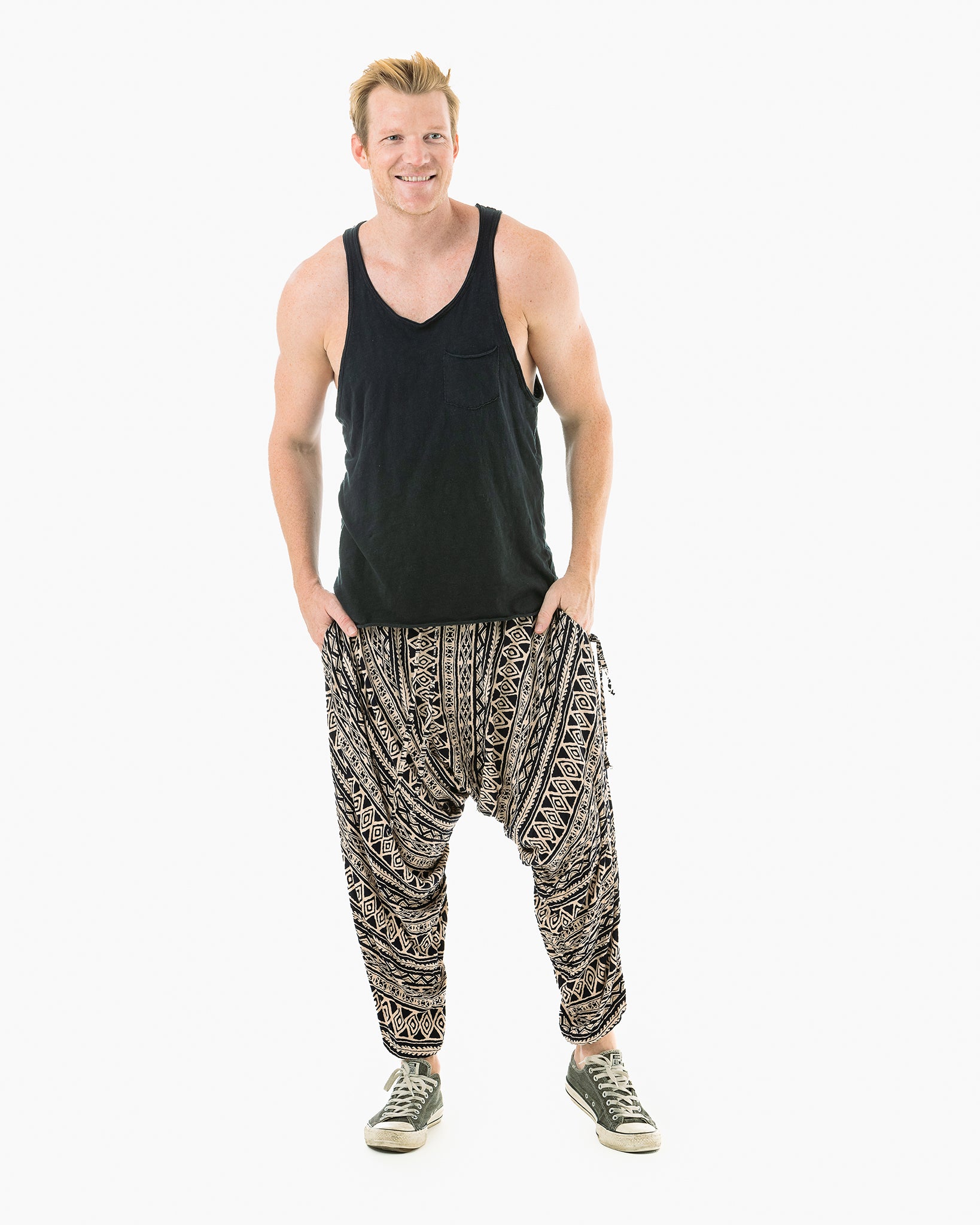 mens harem pants #color_beige triangle tribal