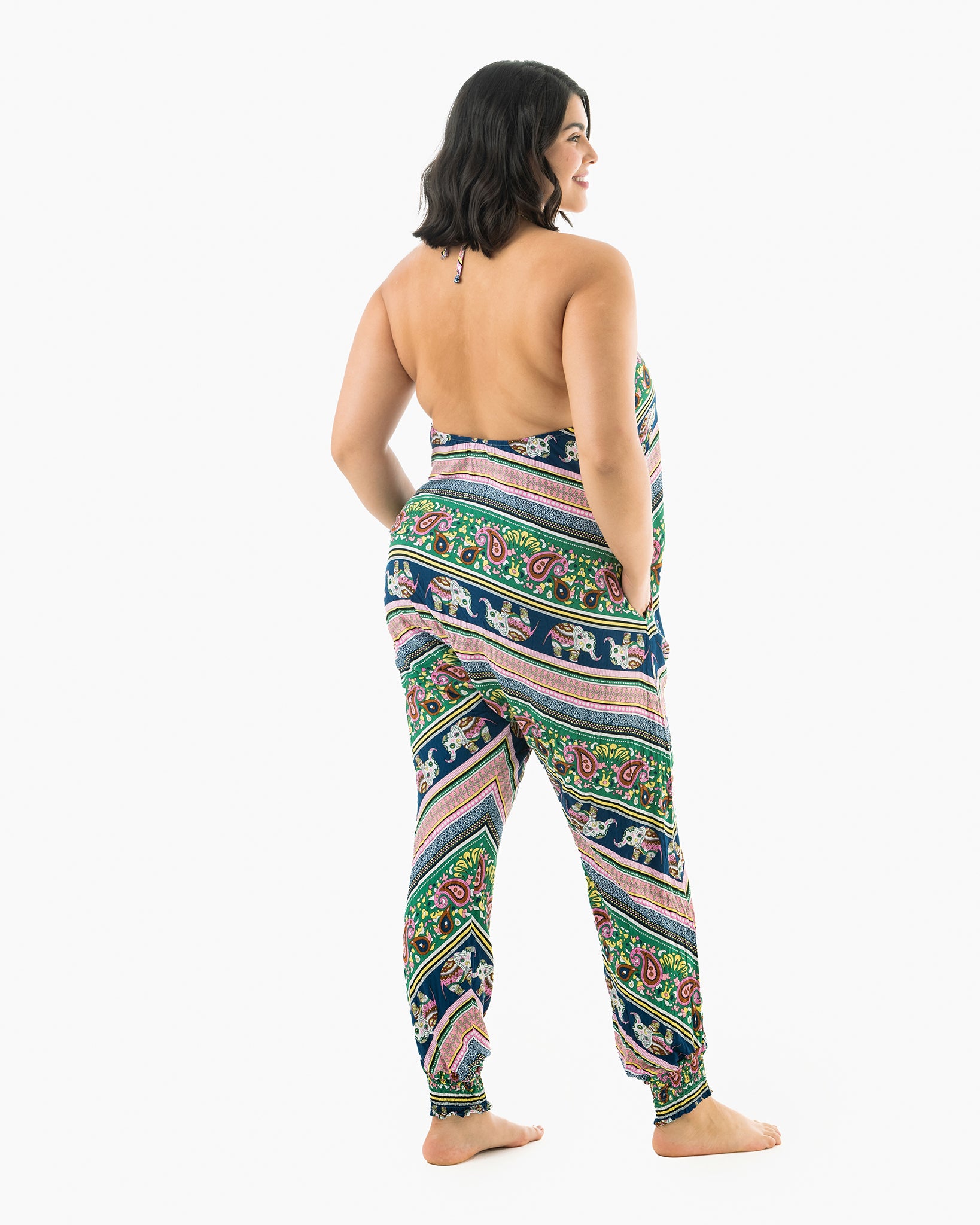 Back view of Savannah Flair jumpsuit in pink elephant print #color_pink elephant