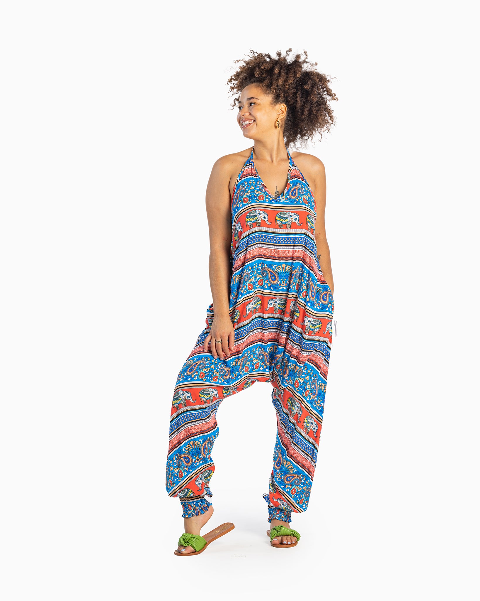 Loose fit elephant romper styled as a casual summer jumpsuit #color_red elephant