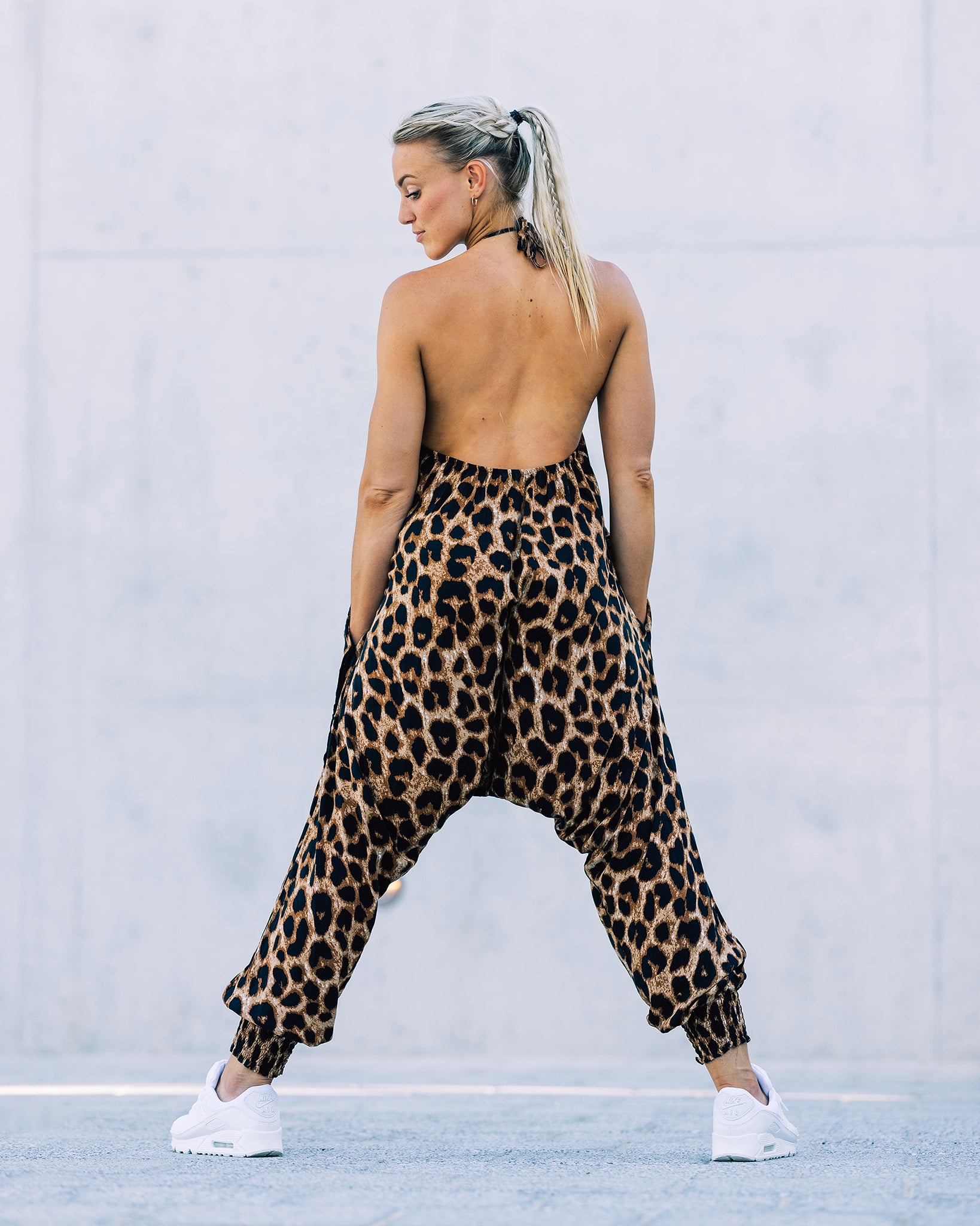 Back view of leopard print leotard with open back #color_leopard