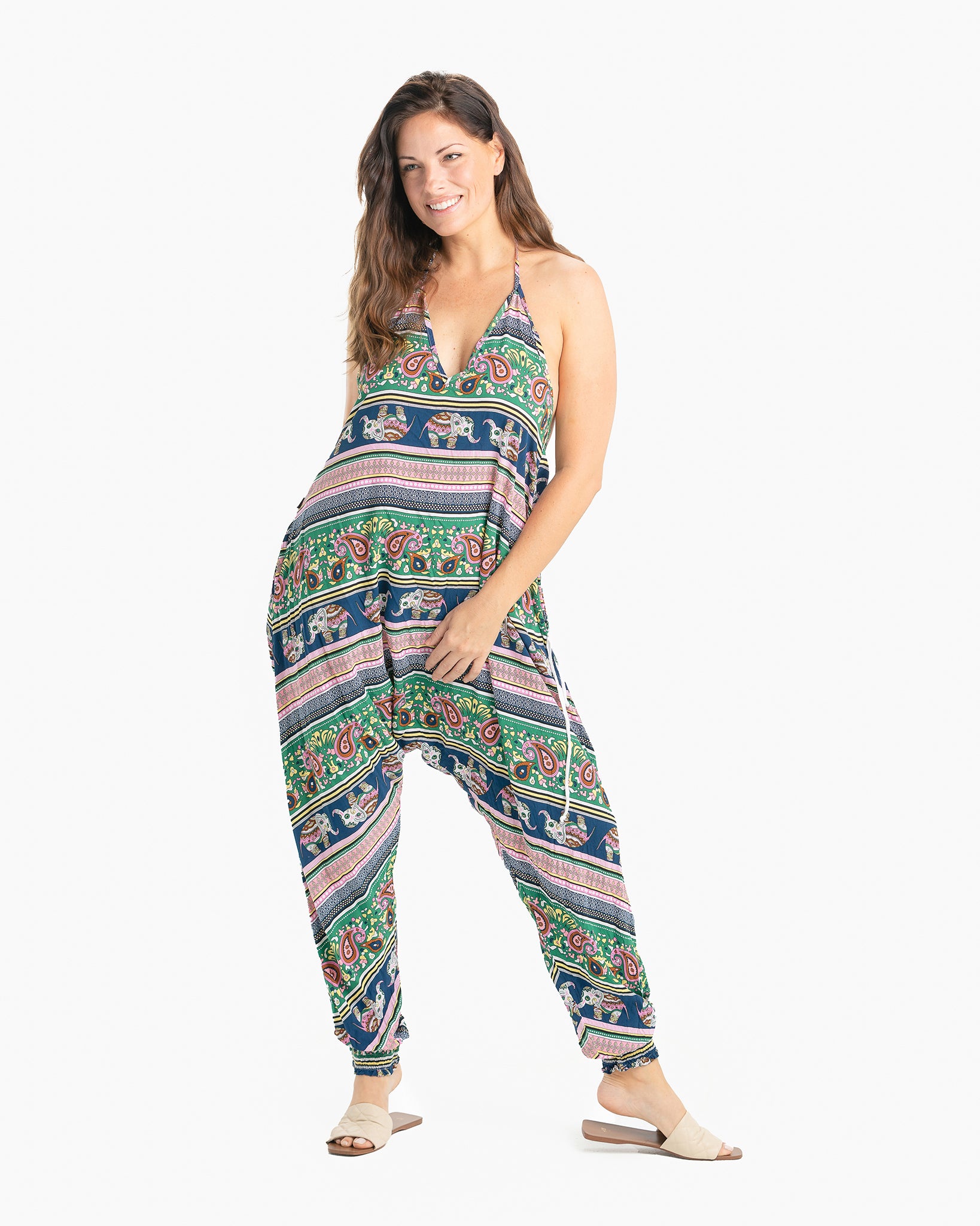 happy woman wearing comfy jumpsuit #color_pink elephant