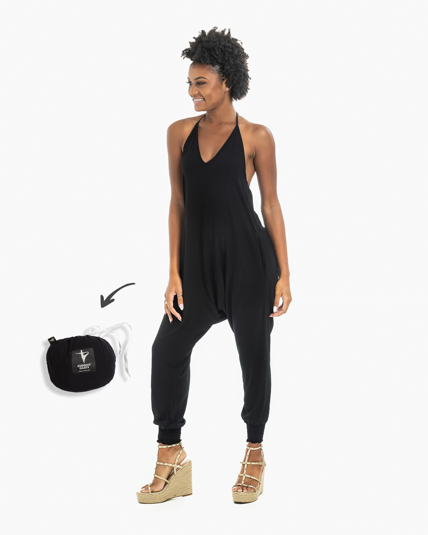 Black woman wearing black romper photoshoot #color_black