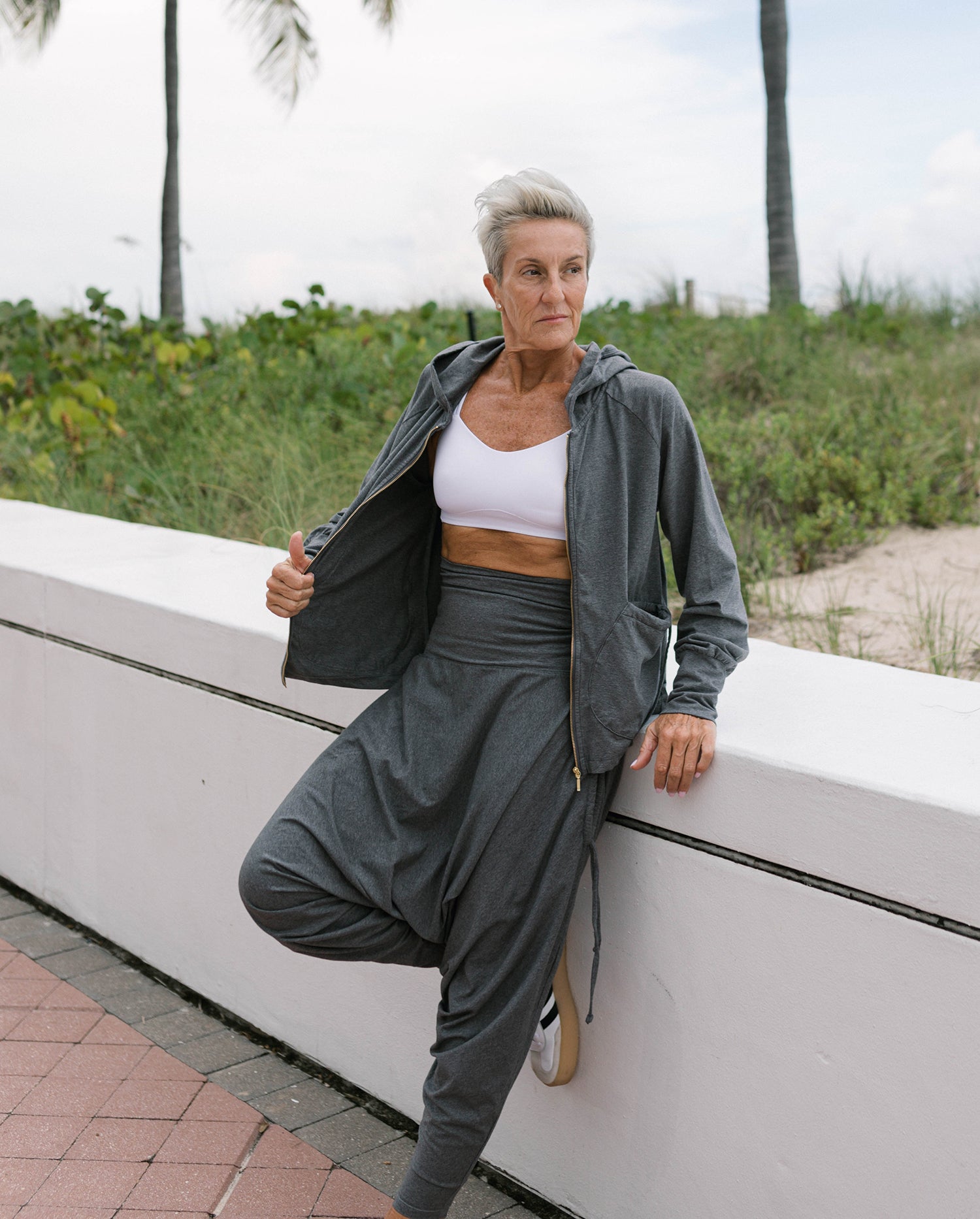 Boho vibe outfit with harem pants and sport hoodie #color_grey