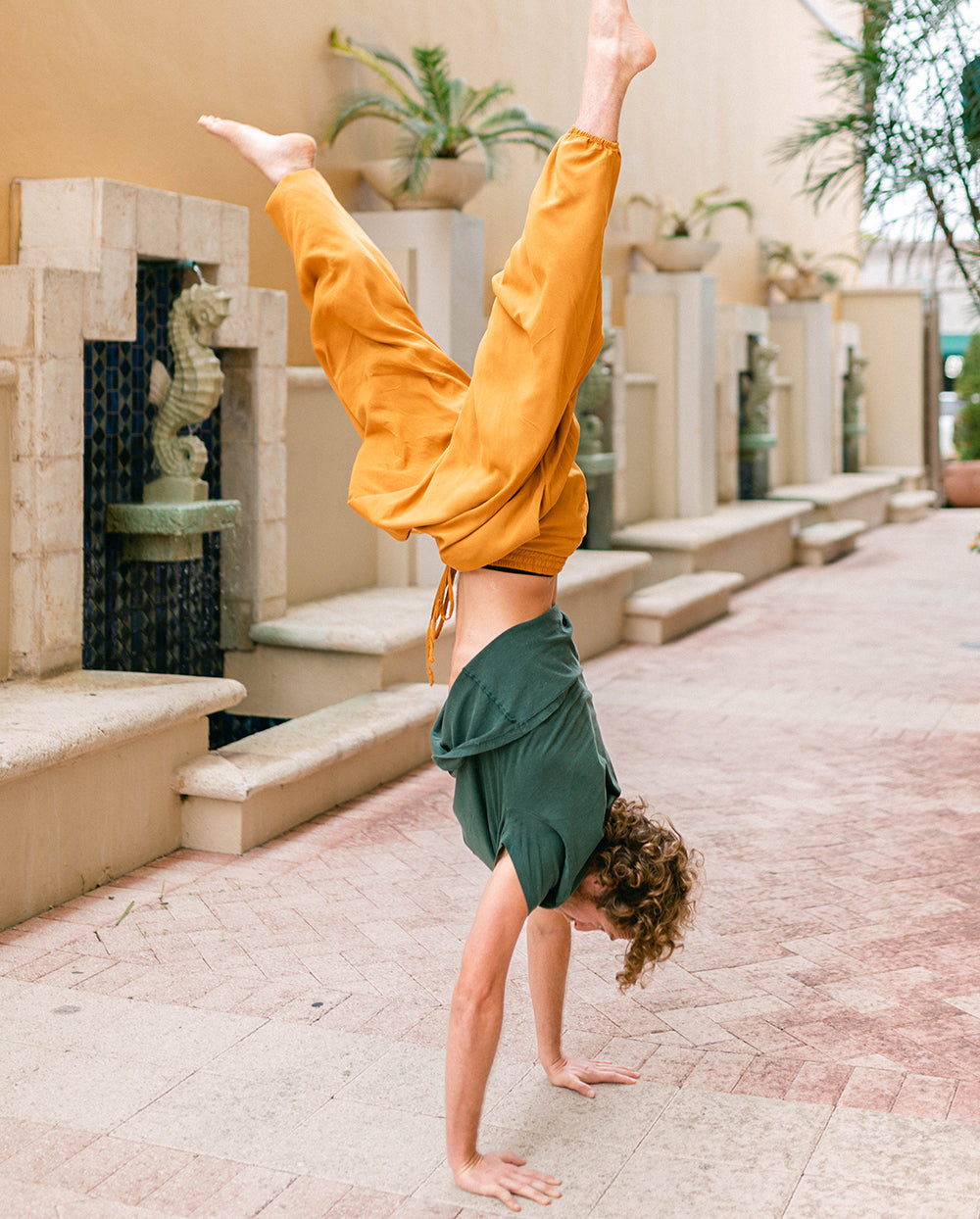 Person performing a handstand on a stone path with decorative elements and plants in the background #color_amber