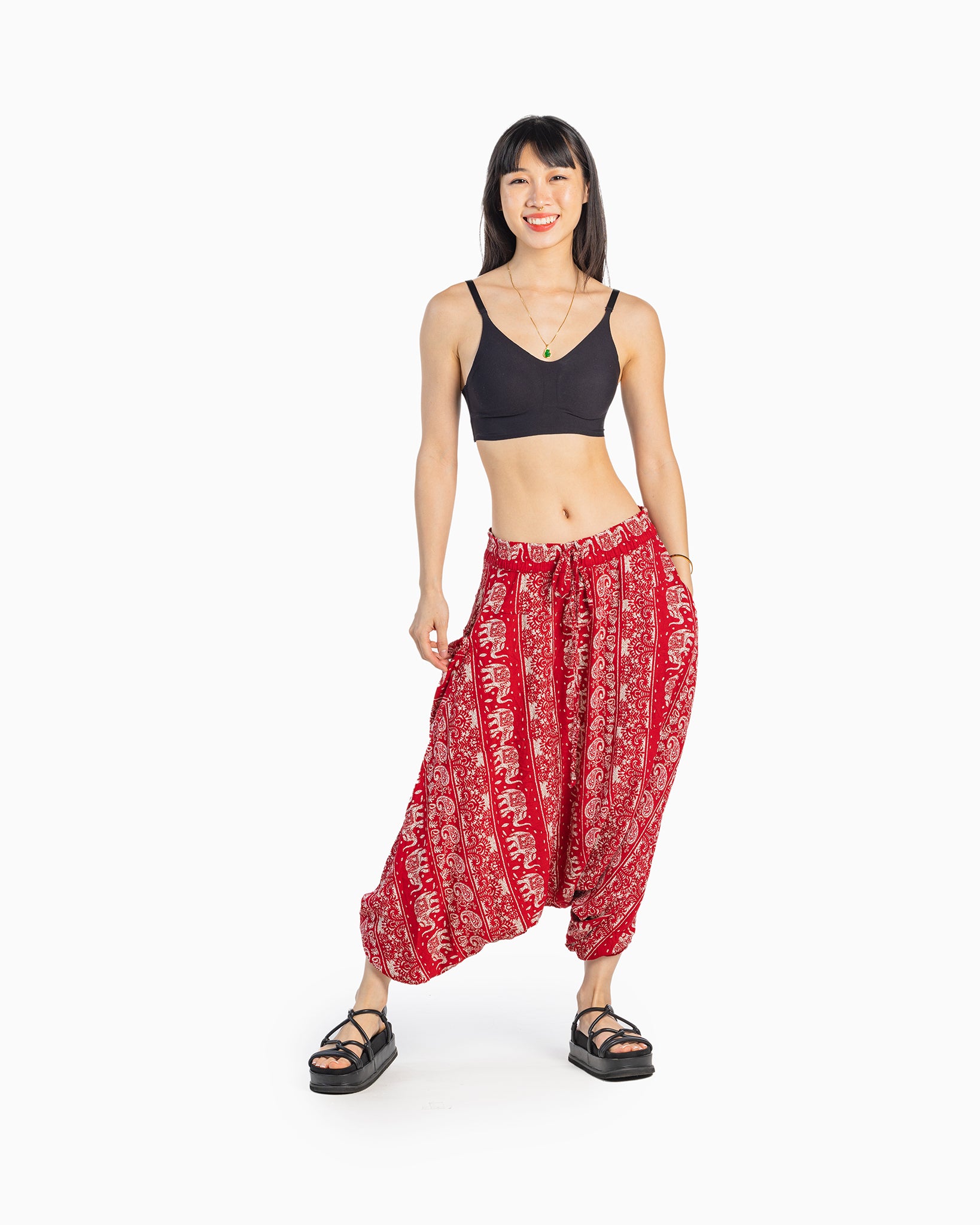 asian model in red baggy pants #color_red lotus