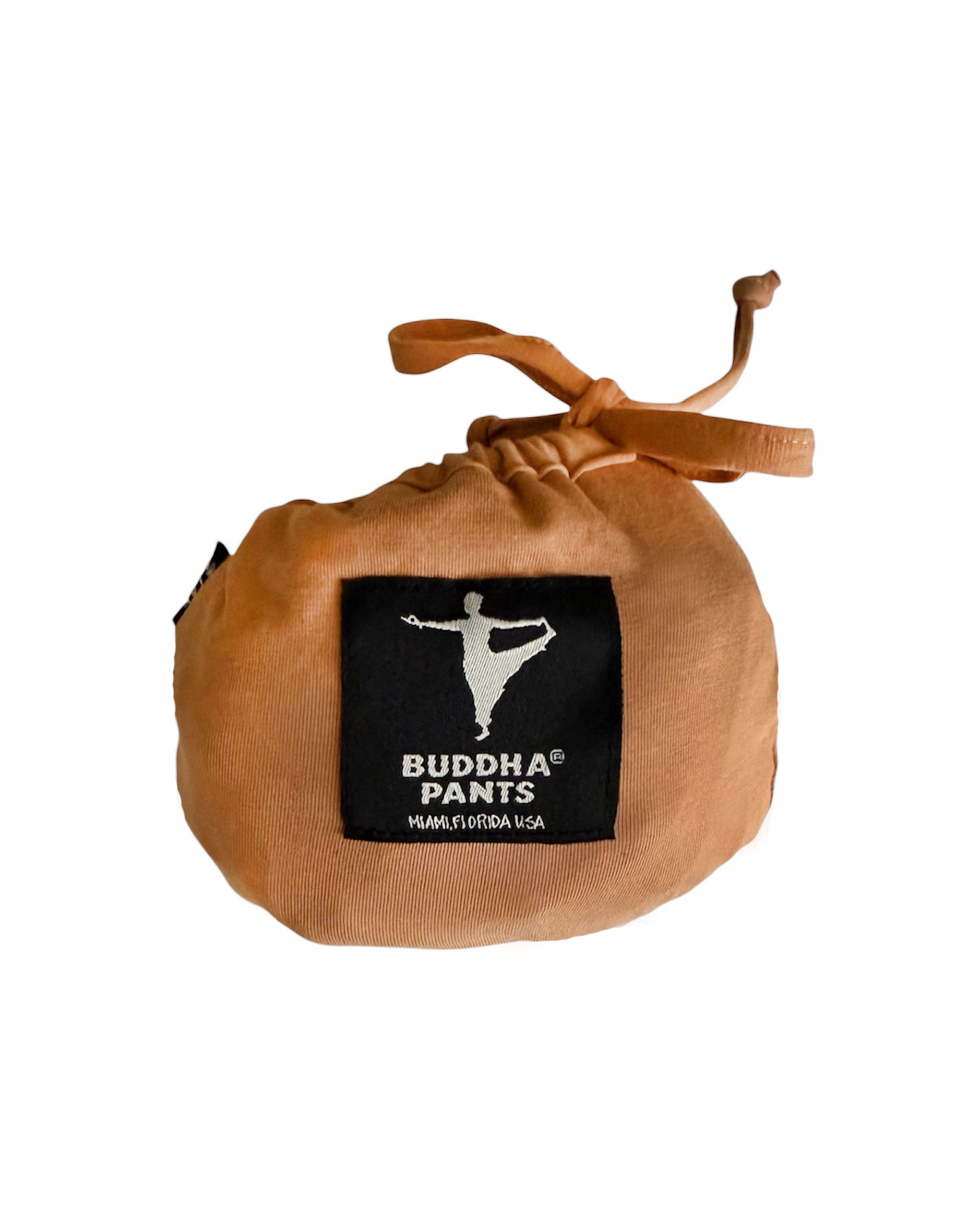 Brown drawstring bag with Buddha Pants logo on a white background #color_camel
