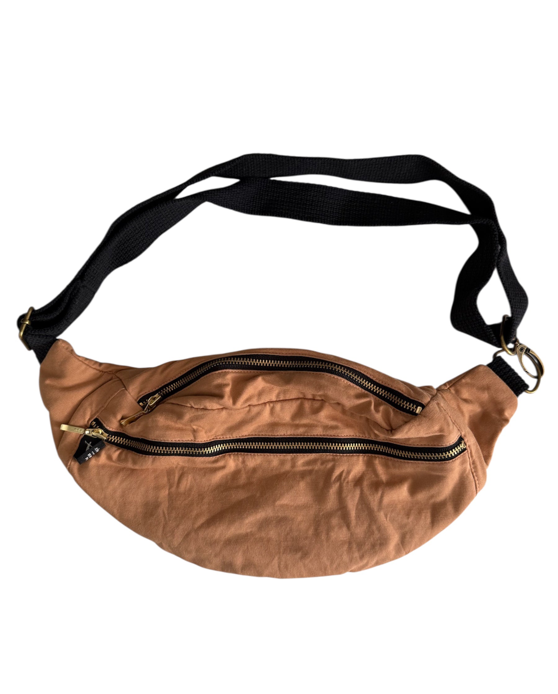 Brown fanny pack with a black strap on a white background #color_camel