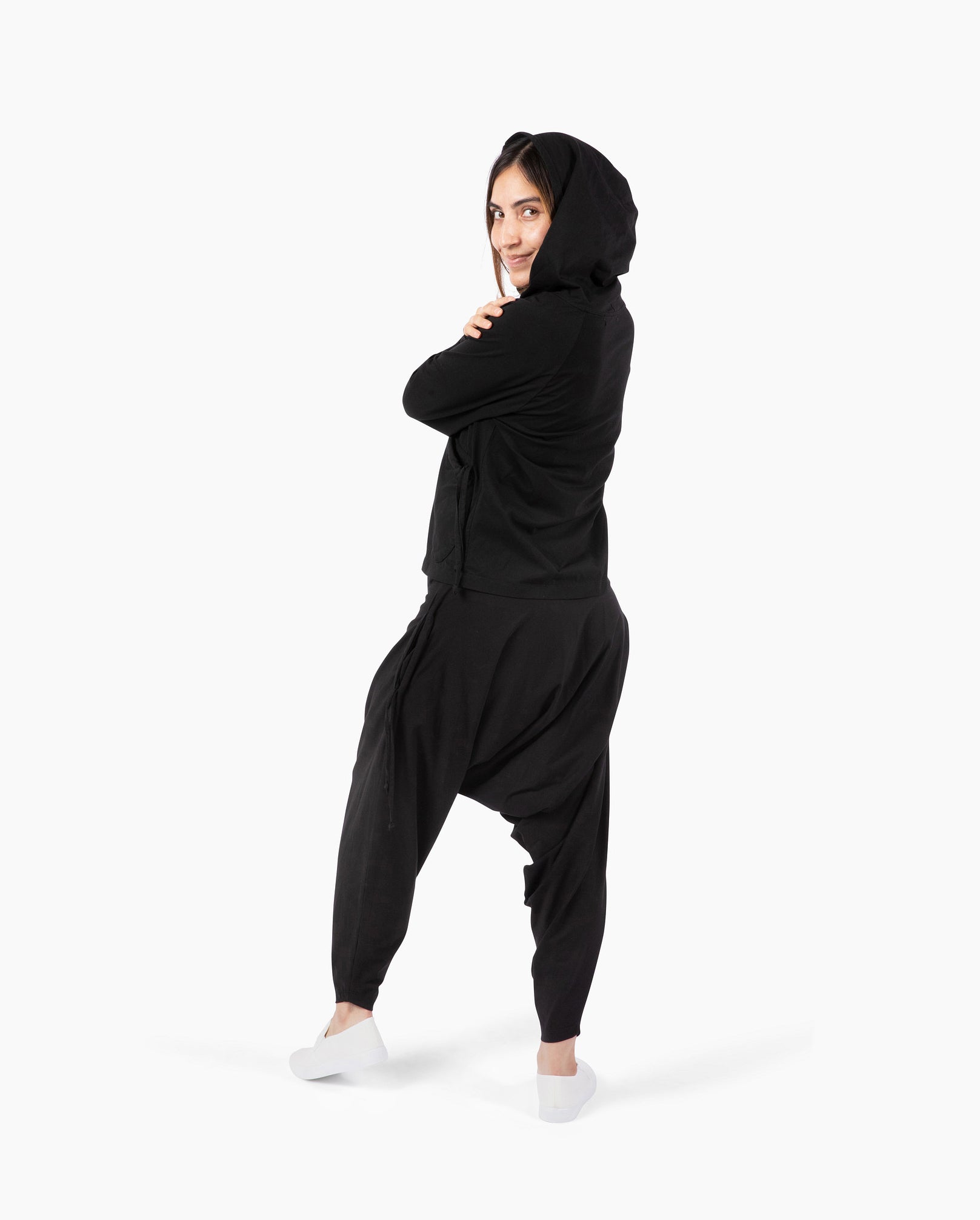 Organic cotton hoodie paired with yoga mc hammer pants #color_Black