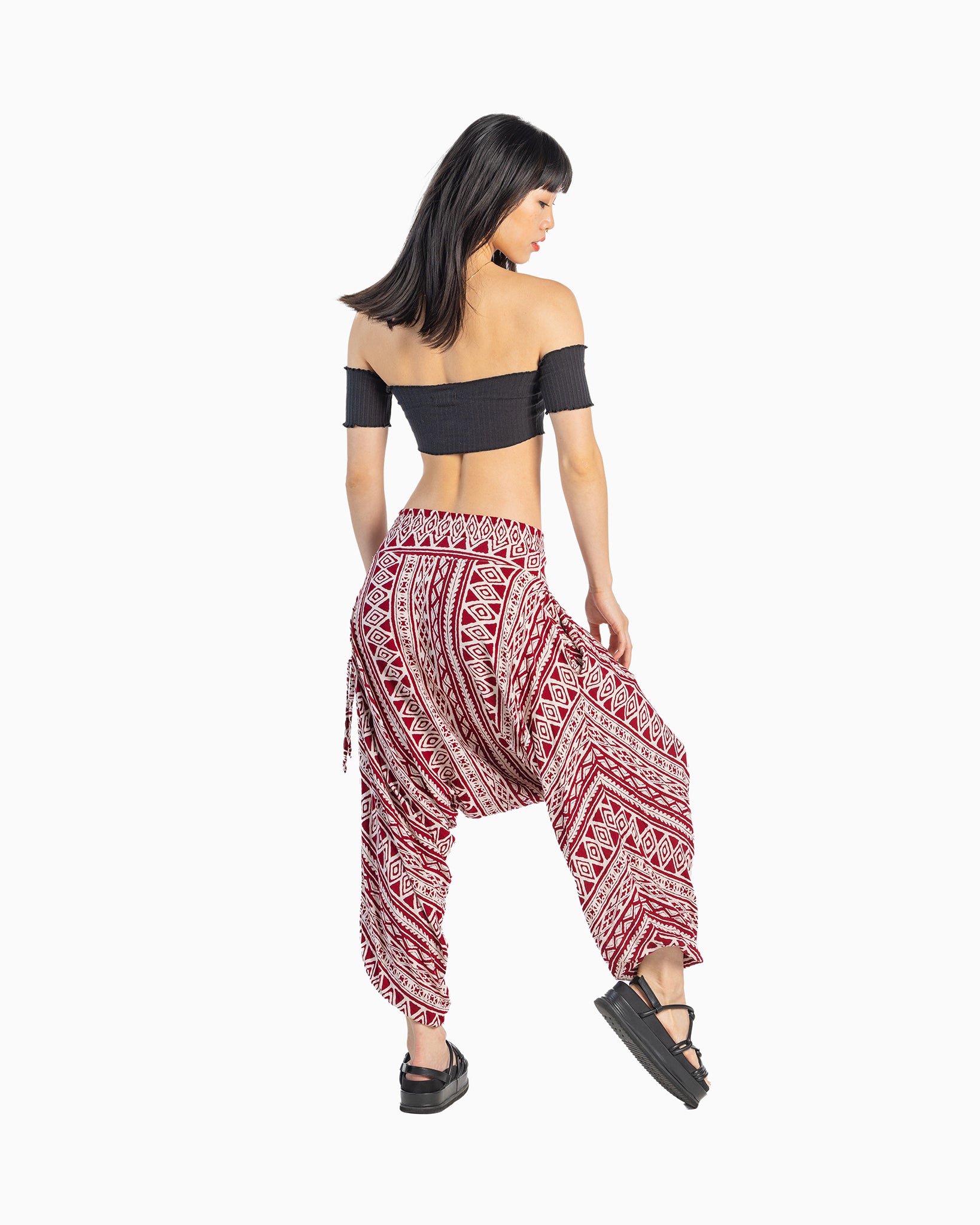 asian model harem pants #color_red triangle tribal